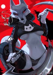 2023 5_fingers absurd_res anthro armwear big_breasts black_claws black_nipples breasts breasts_apart camel_toe canid canine canis chest_tuft claws clothed clothed_anthro clothed_female clothing cocoline_(artist) death_(puss_in_boots) dialogue digital_media_(artwork) dreamworks dreamworks_animation dual_wielding english_text female finger_claws fingers genital_outline genitals hi_res holding_object holding_weapon humanoid_genitalia humanoid_pussy legwear looking_at_viewer mammal mtf_crossgender nipples outside panties pantsless pantsless_anthro pantsless_female partially_clothed partially_clothed_anthro partially_clothed_female plant puss_in_boots:_the_last_wish puss_in_boots_(dreamworks) puss_in_boots_(film) puss_in_boots_(franchise) puss_in_boots_the_last_wish pussy pussy_outline red_eyes red_sky rule_63 shrek_(series) sickle sky solo talking_to_viewer text topwear tree tuft underwear universal_pictures universal_studios weapon wolf