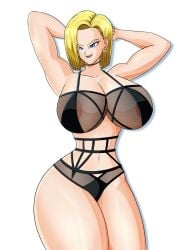 1girls android_18 big_areola big_ass big_breasts big_butt big_nipples big_thighs blonde_hair dragon_ball dragon_ball_super dragon_ball_z huge_ass huge_breasts huge_butt huge_nipples huge_thighs jukuta lingerie looking_at_viewer smile smiling smiling_at_viewer solo standing