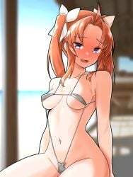 ahoge arm_support beach bikini blue_sky blurry blurry_background blush breasts collarbone commentary_request cowboy_shot female female_pubic_hair forehead full-face_blush furaggu_(frag_0416) gradient_sky grey_bikini halterneck highres horizon kagerou_(kancolle) kantai_collection long_hair looking_at_viewer micro_bikini navel open_mouth orange_hair outdoors pubic_hair purple_eyes sidelocks sitting sky small_breasts solo stomach string_bikini swimsuit twintails water white_sky