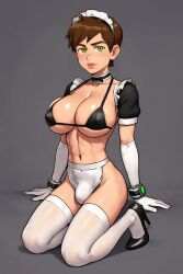 1boy ai_generated aporn ben_10 ben_tennyson bulge bulge_under_clothes busty_boy bustyboyenjoyer cleavage femboy femboy_with_breasts high_heels huge_breasts maid_headdress maid_uniform male_with_breasts thighhighs