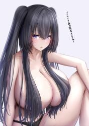 1girls bangs bare_chest black_hair black_panties blue_eyes blush blush breast_focus breasts breasts_bigger_than_head cleavage collarbone enormous_breasts female female_focus female_only gigantic_breasts hair_between_eyes hair_bra hair_covering_breasts hair_covering_nipples huge_breasts japanese_text large_breasts long_hair massive_breasts metae original original_character panties panties_only simple_background sitting solo text thick_thighs thighs thin_waist top_heavy top_heavy_breasts twintails underwear underwear_only