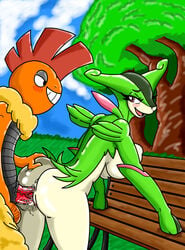 big_breasts breasts cum no_humans park_bench pink_eyes pokemon pokemon_(species) pokephilia red_penis scrafty smile triterra313 vagina vaginal_penetration virizion