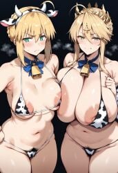 ai_generated angry_expression areolae_visible_through_bikini artoria_pendragon artoria_pendragon_(lancer) athletic_female bare_thighs big_breasts bikini blonde_hair cow_ears cow_horns cow_print cowbell dosukebeai fate/grand_order fate/stay_night fate_(series) gigantic_breasts green_eyes hair_bun hairy_pussy huge_areolae huge_breasts huge_thighs large_breasts light-skinned_female light_skin looking_at_viewer massive_breasts mature_female milf nipples_visible_through_bikini pubes_exposed puffy_nipples saber seductive_eyes seductive_smile smiling squatting sweat sweatdrop thick_body thick_female thick_thighs thighs voluptuous voluptuous_female