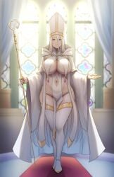 1girls absurdres big_breasts breast_curtains church curtains dryseaweed female female_only glass_window hair_between_eyes holding_object holy huge_breasts navel_cutout nun pelvic_curtain priest purple_eyes saint smiling solo solo_female staff tagme thick_thighs thigh_boots white_clothes white_hair wide_hips windows