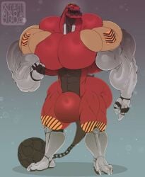 anthro big_ass big_breasts bulge bulge_under_clothes dinosaur dinotrux dreamworks gay hybrid hyper male male_only mechanical muscles muscular muscular_male muscular_thighs red_body robot solo ty_rux tyrannosaurus_rex xtrent968