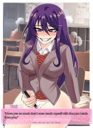 1girls alternate_version_available big_breasts blush breasts clothing doki_doki_literature_club english_text erasethismail female female_masturbation female_only light-skinned_female light_skin long_hair masturbation masturbation_through_clothing panties pen purple_eyes purple_hair sitting solo text yandere yuri_(doki_doki_literature_club)