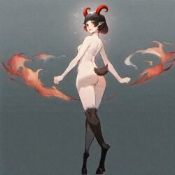 ai_generated black_hair butt_crack character_request cookie-girl demon demon_girl demon_horns digitigrade elf_ears fire from_behind goat_legs goat_tail hooves looking_back magic naked red_eyes sideboob simple_background