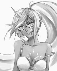 bra breasts cleavage cum cum_on_body cum_on_breasts cum_on_face cum_on_glasses cum_on_upper_body cute_fang demon_girl face facial female glasses grin horn kneesocks_daemon lingerie long_hair monochrome panty_&_stocking_with_garterbelt pas_(paxiti) pointy_ears ponytail ringed_eyes smile solo strap_slip tied_hair underwear