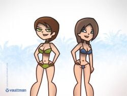 2girls artist_name bikini blue_bikini brown_hair green_bikini jill_valentine rebecca_chambers resident_evil style_parody swimsuit vaultman