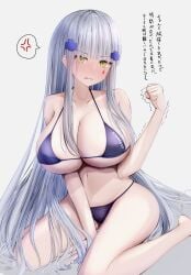 1girls angry_vein ass bangs bikini bikini_bottom bikini_top blue_bikini blush blush breasts breasts_bigger_than_head cleavage clenched_hand collarbone embarrassed embarrassed_female female female_focus female_only girls'_frontline green_eyes hair_ornament hk416_(girls'_frontline) huge_breasts japanese_text kneeling large_breasts light_blue_hair long_hair massive_breasts metae midriff navel simple_background solo teardrop teardrop_facial_mark teardrop_tattoo text thighs top_heavy top_heavy_breasts