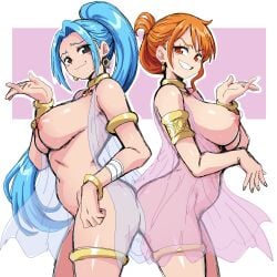 2girls arm_bracelets arm_up armlet ass ass_to_ass bandage bandaged_arm big_ass big_breasts black_eyes black_eyes_female blue_eyebrows blue_hair blue_hair_female bracelet brown_eyes brown_eyes_female butt_to_butt cape earrings eyelashes female female_only females_only fit_female gold_armlet gold_bracelet gold_bracelets gold_earrings gold_jewelry gold_necklace golden_armlet golden_earrings hair_ornament hands_together heart_symbol holding_hand jewelry large_breasts leg_bracelet leg_bracelets lewdamone log_pose long_hair long_hair_female long_ponytail looking_at_viewer nami nami_(one_piece) necklace nefertari_vivi nervous_smile nude nude_female one_piece onomatopoeia open_mouth orange_eyebrows orange_hair orange_hair_female ponytail ponytail_(hair) ponytail_female pre-timeskip ruby_(gem) seductive seductive_eyes seductive_look seductive_smile shiny_skin smile smiling smiling_at_viewer solo_female solo_focus sweat sweatdrop sweating sweaty_body transparent_clothing voluptuous voluptuous_female