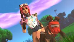 1girl1futa 3d angry animated arm_sleeves bangs blue_eyes blue_sky bottomless bottomless_female bottomless_futanari brite_raider brown_eyes brown_hair building clouds defeated dominant_futanari eyeliner fortnite futa_on_female futanari_penetrating gloves goggles_on_head grass hand_on_ass holding_weapon looking_at_viewer mask_on_head open_mouth partially_clothed pink_hair rape rifle rottingsfm smug smug_grin source_filmmaker spiked_gloves submissive_female teeth the_machinist_(fortnite) trees twintails