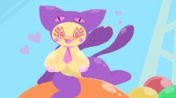 2d 2d_(artwork) 3_fingers 3_toes anthro balls belly belly_button big_breasts blush breasts bust-a-move cat_ears cat_tail catgirl cyan_background eyelashes hands_up heart heart_eyes heart_symbol looking_at_viewer mog_(puzzle_bobble) mouth_open nipples one_tooth pangotime puper purple_dot pussy pussy_juice_puddle pussy_rub puzzle_bobble tagme thick_ass thick_thighs tie water_drop_eye