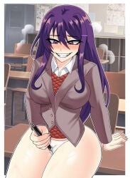 1girls big_breasts blush breasts clothing doki_doki_literature_club erasethismail female female_only light-skinned_female light_skin long_hair masturbation purple_eyes purple_hair sitting solo yandere yuri_(doki_doki_literature_club)