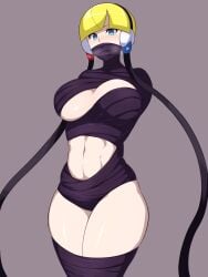 1girls big_breasts blonde_hair blue_eyes bondage elesa_(pokemon) elesa_(pokemon_bw) exposed_breasts nintendo nude okra_sticky pokemon thick_thighs wrapped