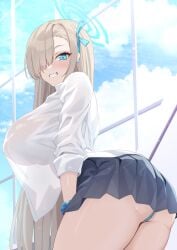 1girls ass asuna_(blue_archive) asuna_(school_uniform)_(blue_archive) asymmetrical_bangs black-framed_eyewear black_skirt blonde_hair blue_archive blue_eyes blue_halo blue_ribbon blue_scrunchie blush breasts female from_behind grin hair_over_one_eye hair_ribbon halo highres huge_ass huge_breasts light-skinned_female light_skin long_hair looking_at_viewer millennium_science_school_student pleated_skirt ribbon school_uniform scrunchie see-through_clothing semi-rimless_eyewear seminar_(blue_archive) shirt skirt smile solo standing strelka_belca teeth thighs white_shirt wrist_scrunchie