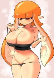 agent_3_(splatoon) big_breasts cleavage inkling inkling_girl kaori_(splatoon) nintendo nobunagapero orange_hair peronattu simple_background splatoon tagme tentacle_hair thick_thighs