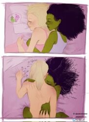 2girls black_hair blonde_hair body_freckles closed_eyes colored_skin elphaba elphaba_thropp english_text eyyyjayyyy31 facing_away fingernails freckles from_side glinda green_skin highres multiple_girls pink_tank_top scratches sex sharp_fingernails sleeping smile speech_bubble tank_top the_wizard_of_oz thought_bubble wicked yuri