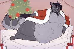 2025 anthro aucherr beard black_body black_fur black_hair blue_eyes canid canine canis chest_tuft christmas clothing costume ear_piercing facial_hair fluffy fluffy_tail fur furniture grey_body grey_fur group hair hand_on_hip hi_res holidays lying male mammal on_side overweight overweight_male piercing presenting santa_costume sofa tail tuft vore wolf