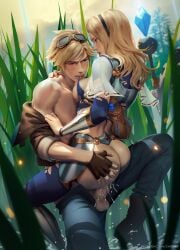 1boy 1boy1girl 1girls armor ass ass_grab biting biting_clothes blonde_hair breasts breasts_out bubble_butt clothed_sex clothing_lift cum cum_in_pussy cum_inside ezreal female functionally_nude functionally_nude_female goggles_on_head large_breasts league_of_legends luxanna_crownguard muscular_male nipples outdoors riot_games sex shirtless_male sitting_on_lap straight straight_sex tearing_clothes torn_clothes torn_clothing unprotected_ejaculation unprotected_sex zarory