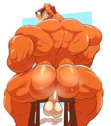 1boy anthro ass balls bandicoot bara beard big_ass chair crash_(series) crash_bandicoot gay green_eyes hanging_balls hyper_muscles male male_only marsupial muscular muscular_ass okrizo831 orange_fur red_hair solo sweatdrop tagme video_games white_background