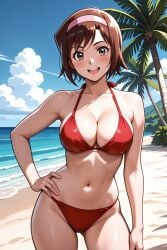 1girl :d ai-created ai_generated bare_arms bare_shoulders beach bikini blue_sky blush breasts brown_eyes brown_hair cleavage cloud collarbone contrapposto cowboy_shot day devilman female hairband halterneck hand_on_own_hip large_breasts looking_at_viewer miki_makimura navel ocean open_mouth outdoors palm_tree pink_hairband pixiv red_bikini rena_aikawa_(pixiv_user) short_hair sky smile solo stable_diffusion standing stomach swimsuit teeth tree upper_teeth_only