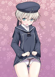 beret blue_eyes blush bondage bondage_under_clothes crotch_rope dress female hat hidden_bondage highres kantai_collection long_sleeves looking_at_viewer open_mouth panties personification pussy_juice rope sailor_collar sailor_dress sailor_hat shibari_under_clothes shiwo short_hair silver_hair skirt skirt_lift smile solo tongue tongue_out trembling underwear white_panties z1_leberecht_maass_(kantai_collection)