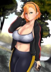 1girl absurdres black_pants breasts cellphone cleavage cowboy_shot earbuds earphones hand_up highres holding holding_phone huge_breasts jacket liselotte_meier_(stickvenezuela) looking_at_viewer midriff mole mole_on_breast mole_under_eye navel original original_character outdoors pants phone short_hair skindentation smartphone solo sports_bra standing stickvenezuela sweat tree wireless_earphones