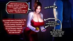 1boy 1girls 3d breasts breasts_bigger_than_head comic_page dialogue dress mai_shiranui mercierharrogate office office_clothing office_lady secretly_loves_it submissive tight_clothing