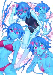 ahoge big_breasts blue_eyes blue_hair blue_skin humanoid navel pink_eyes pink_hair short_hair slime smile swimsuit thighs