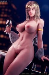 3d blender blurry_background breasts circlet clothed deathy elden_ring female female female_focus female_only fromsoftware fur gold_eyes gold_nails hair moon moonlight night pubic_tattoo pussy queen_marika_the_eternal sweat tagme tattoo thighs wet_body white_skin wine wine_glass