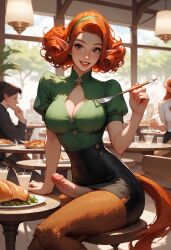 ai_generated big_breasts elf female futanari green_dress public_setting red_hair