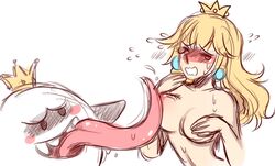 artist_request blonde_hair blush boo_(mario) breast_lift breasts closed_eyes crown earrings interspecies king_boo licking long_tongue mario_(series) nintendo open_mouth princess_peach tongue tongue_out