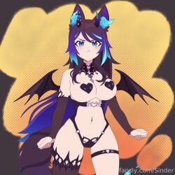 :d animal_ear_fluff animal_ears artist_name bangs bare_shoulders bat_wings black_gloves black_hair black_legwear blue_eyes blue_hair blush breasts bridal_gauntlets brown_hair closed_mouth covered_nipples cowboy_shot demon_girl demon_wings detached_sleeves elbow_gloves eyebrows_visible_through_hair fangs female fox_ears fox_girl full_moon gloves halftone halftone_background heart heart_pasties horns large_breasts long_hair looking_at_viewer moon multicolored_hair navel navel_piercing open_mouth orange_eyes pasties piercing polka_dot polka_dot_background pout red_hair revealing_clothes silhouette sinder_(vtuber) single_thighhigh smile solo standing streaked_hair tagme tail thigh_strap thighhighs tongue tongue_out two-tone_hair very_long_hair video watermark web_address wings wolf_ears