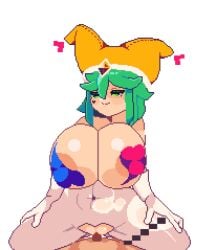 1boy 1girls animated areolae areolae_slip black_eyes bouncing_breasts breasts cowgirl_position cum cum_drip cum_in_pussy cum_inside ejaculation eye_color_change game_cg gigantic_breasts gloves green_eyes green_hair heart_pasties heart_tattoo huge_breasts jester jester_hat kogoeruretasu legwear loop looping_animation lustful_dreamers on_top pasties penetration penis pixel_animation pixel_art pussy saya_(lustful_dreamers) sex smile tagme top_heavy topless topless_female transparent_background vaginal_penetration white_gloves