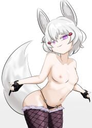 1girls animal_ears belly_button black_gloves black_panties female female_only fingerless_gloves fox_ears fox_girl fox_tail gloves light-skinned_female light_skin panties phase_connect phase_origins pink_eyes simple_background small_breasts solo tail tenma_maemi virtual_youtuber white_background white_hair yasai_(yasaitsume/tsumeyasai)