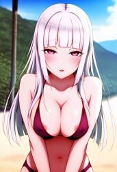 1girls ai_generated akari_oborodzuka areola_slip bikini blossomtea blunt_bangs blush breasts civitai cleavage collarbone covered_nipples half-closed_eyes illustrious_(stable_diffusion) large_breasts light_blush long_hair looking_at_viewer masa_works_design navel nipples_visible_through_clothing official_style oni_to_kitsune_no_hanashi outdoors pink_eyes self_upload solo swimsuit tareme white_hair