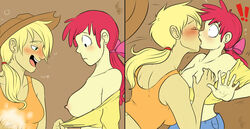 2girls age_difference apple_bloom_(mlp) applejack_(mlp) blush breasts cartoonlion comic cowboy_hat drunk farmer farmgirl female friendship_is_magic grope hat human humanized incest kissing my_little_pony sibling sisters surprise_kiss surprised teenager yuri