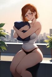 1girl ai_generated bangs black_panties blinds blush breasts brown_eyes cactus earrings flower_pot half-closed_eyes hi_res high_quality high_resolution indoors jewelry jujutsu_kaisen kugisaki_nobara large_breasts leaf looking_at_viewer palm_tree panties patreon plant potted_plant seductive sexy shirt short_hair sitting smile solo thighs uncensored underwear vines watermark window