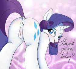 2014 anus ass blue_eyes blush cutie_mark dialog english_text equine eyeshadow female feral friendship_is_magic fur hair half-closed_eyes horn makeup mammal matimus91 my_little_pony presenting presenting_hindquarters purple_hair pussy rarity_(mlp) solo text unicorn white_fur