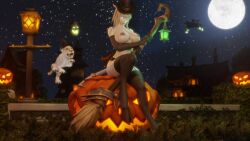 3d big_breasts blizzard_entertainment draenei elly_(draenei) female_only halloween horns huge_breasts jack-o'-lantern morilymory nude original_character pussy solo stockings thick_thighs voluptuous voluptuous_female warcraft white_hair white_skin wide_hips witch_hat world_of_warcraft