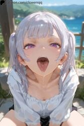 1girls ai_assisted black_clover clowenqq female female_focus from_above highres looking_at_viewer noelle_silva open_mouth oral_invitation purple_eyes saliva sitting solo solo_female solo_focus stable_diffusion tongue tongue_out twintails white_hair