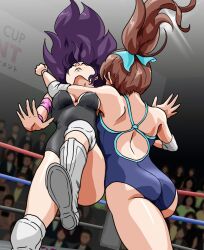 2girls artist_request catfight long_hair original original_characters swimsuit wrestler wrestling wrestling_boots wrestling_femdom wrestling_outfit wrestling_ring wrestling_singlet wrestlingryona wristband