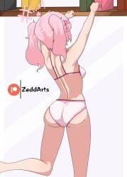 1girls back_of_head back_view behind_view big_ass big_butt bra bubble_butt doki_doki_literature_club female female_only natsuki_(doki_doki_literature_club) no_socks panties pink_bra pink_hair pink_panties pink_underwear slender_legs socks_removed solo thighs underwear zeddarts