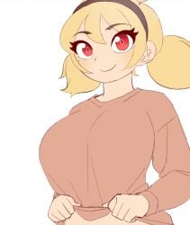 bangs blonde_hair blush breasts closed_mouth eyebrows_visible_through_hair female hair_between_eyes hairband huge_breasts large_breasts long_sleeves looking_at_viewer red_eyes shirt short_hair simple_background smile solo striped sweater upper_body white_background