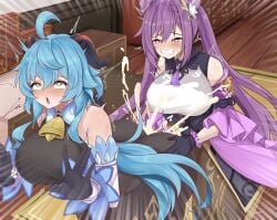 1futa 1girls anal blue_hair clothed clothed_sex cum_in_pussy cum_inside ejaculation futa_on_female futanari ganyu_(genshin_impact) genshin_impact hoyoverse keqing_(genshin_impact) penis purple_hair zado_(rinaai_airina)