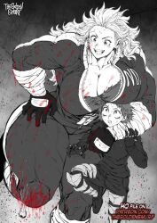 2d 2girls black_and_white blood breast_on_head breast_squish dorohedoro ebisu_(dorohedoro) eye_ball female_only huge_thighs large_breasts larger_female mild_gore muscular_female nervous nervous_sweat noi_(dorohedoro) size_difference smaller_female thegoldensmurf thigh_crush