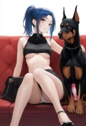 ai_generated blue_hair canine_penis cookie-girl couch crop_top dobermann earrings green_eyes high_heels painted_nails purse skirt underboob upskirt white_panties