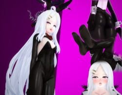 3d 3d_(artwork) ass ass_visible_through_thighs blue_archive bowtie breasts bunny_costume bunny_ears bunnygirl bunnysuit drool feet feet_up female garry's_mod halo hina_(blue_archive) lisedoub long_hair looking_at_viewer multiple_poses multiple_positions open_mouth purple_background purple_eyes small_breasts solo solo_female sweat sweating tongue tongue_out white_hair