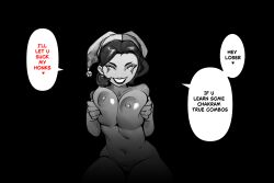 big_breasts brown_skin dark_skin dialogue english_text kyo21 priya_(brawlhalla) squeeze text